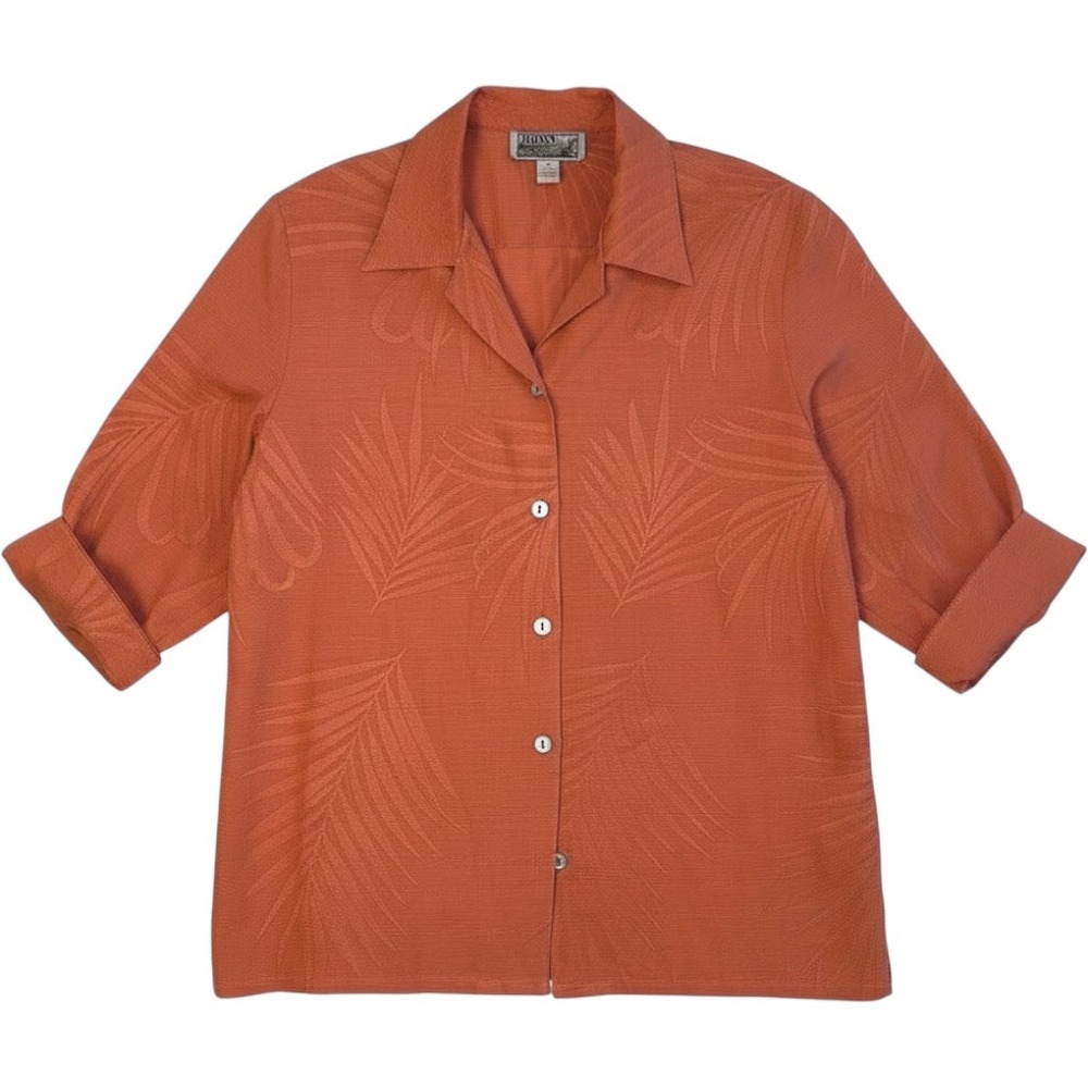 Tiki Classics Shirt Women Orange Rust Silk 3/4 Sleeve Transitional Fall Boho M